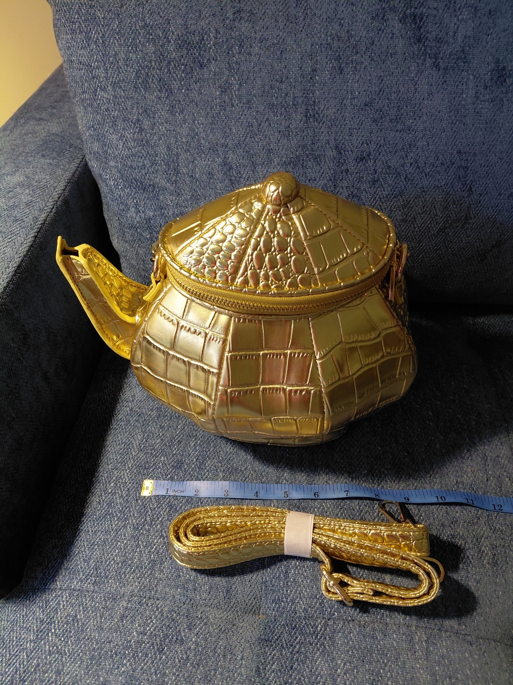 Gold Croc-Embossed Teapot Crossbody Bag